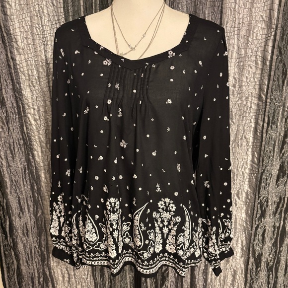 Lucky Brand Tops - Lucky Brand Black Blouse with White Floral Design